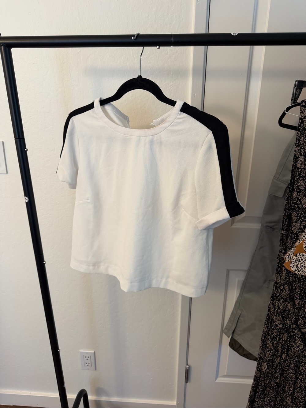 Women’s Short Sleeve Crewneck Top with Black Shoulder Stripe